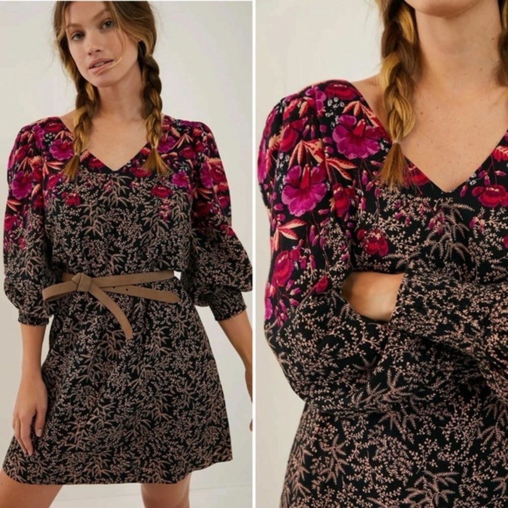 Anthropologie Cyree tunic mini dress floral black purple puff sleeves 6 - Picture 2 of 12